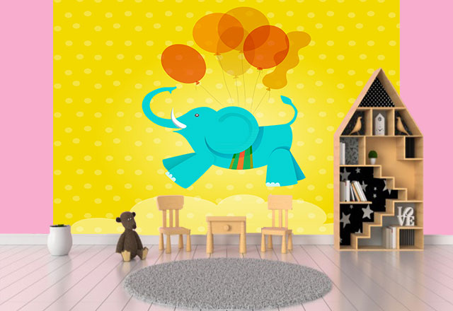 پوستر دیواری اتاق کودک طرح فیل ، پوستر اتاق کودک زرد، پوستر دیواری زرد کودکانه ، پوستر دیواری فیل کودکانه