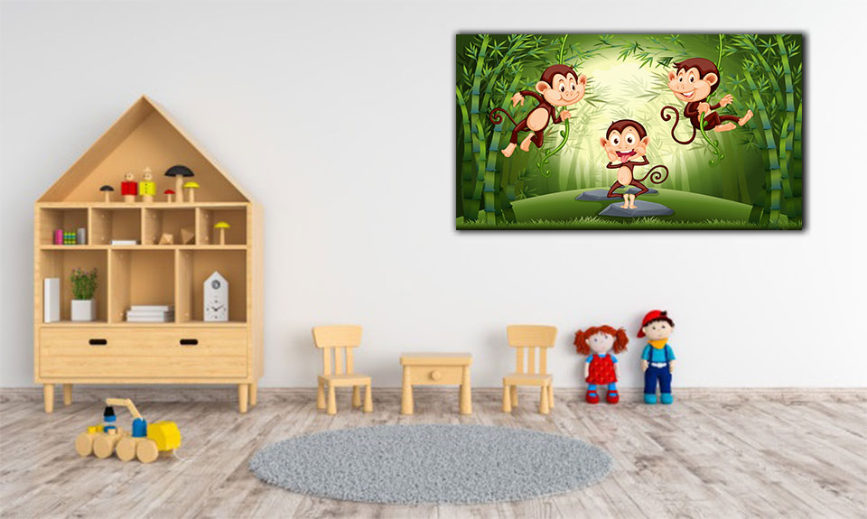 تابلو میمون اتاق کودک ، نقاشی میمون روی درخت ، نقاشی میمون کودکانه ، نقاشی میمون فانتزی
