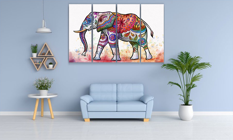 تابلو فیل ، تابلو رنگی ، تابلو حیوانات ، تابلو چند تکه ، نقاشی فیل ، تابلو نقاشی فیل