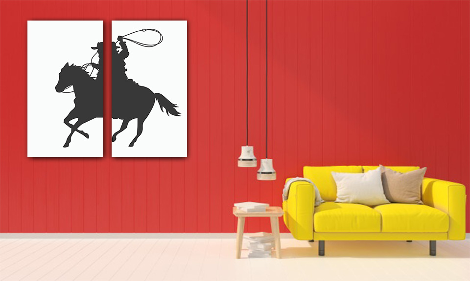 تابلو دیواری طرح کابویی ، تابلو سیاه وسفید ، تابلو کابویی ، نقاشی کابویی ، نقاشی اسب ، تابلو اسب